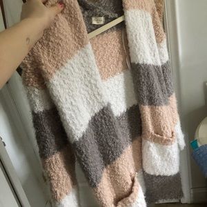 fuzzy pink/white/grey cardigan